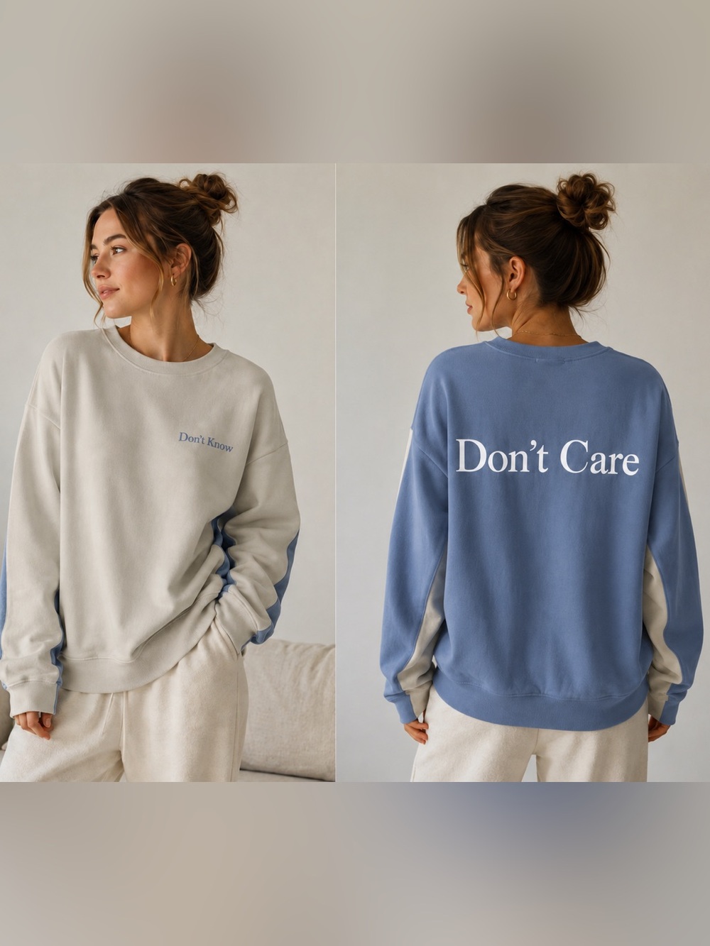 Don’t Know Care Graphic Minimalist Crewneck Sweatshirt Light Blue & White Small